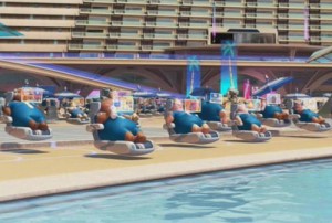 Scene frm Wall-E with humans in lounge chairs. 